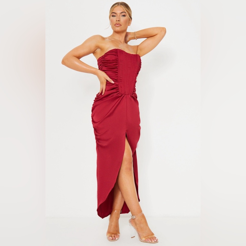 PLT Burgundy Satin Corset Detail Draped Midi Dress